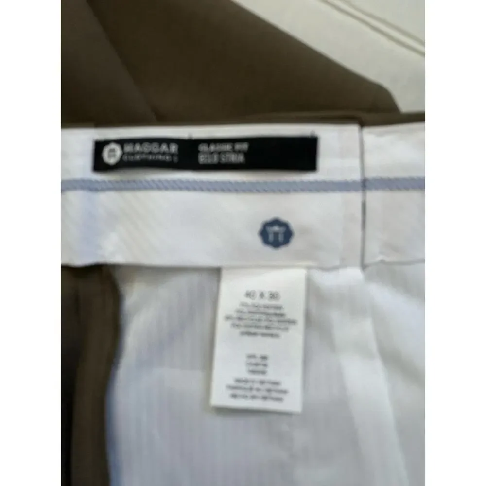 Haggar Men's E-CLO Repreve Stria Pleat Front Dress Pant Khaki Size 40W x 30L 70